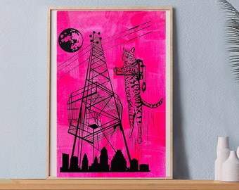 PRINT: Cat Poster Jetpack Moon Tower Flying Austin Hipster Cool Moontower Jet Pack Tee Quirky Weird ATX Space Texas Serigraph Artwork