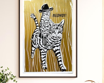 Impression d'art de chats de cowboy : oeuvre de sérigraphie d'or de l'ouest