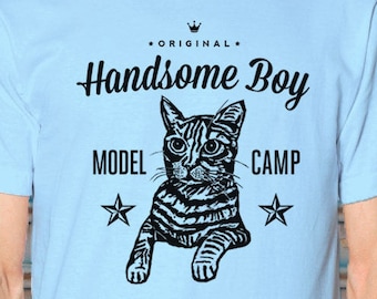 Hipster Cat Shirt mannen Handsome Boy-Model Camp Tee kattenliefhebber Unisex-Blue Modeling School katachtige TShirt grappig Kitty originele Art T-Shirt