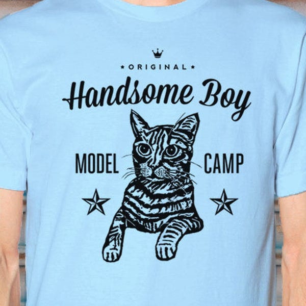 Hipster Cat Shirt Men Handsome Boy Model Camp Tee Cat-Lover Unisex Blue Modeling School Feline TShirt Funny Kitty Original Art T-Shirt