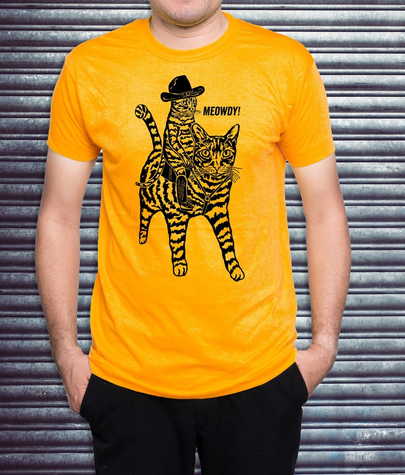 Cat Shirt Men Tshirt Cowboy Hat Boots Riding Meowdy Tee Texas Art