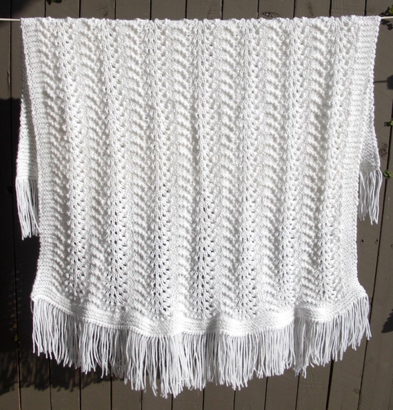Pure White Knit Fringed Baby Blanket Etsy