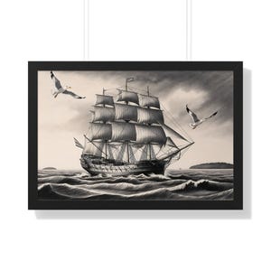 Nautical Wall Art - Framed Horizontal Poster of Sailing Ship, Coastal Decor, Perfect for Nautical Themed Rooms, Gift for Sea Lovers, Home