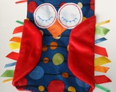 Cuddly Woodland OWL in Blue and Rainbow Dots Print with Red Minky Fabric Ribbon Tag Blankie Blanket Lovey Lovie Baby Gift