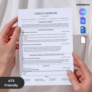 Puede incluir: Una persona sostiene un currículum vitae de Grace Morgan, diseñadora gráfica. El currículum incluye un resumen profesional, experiencia laboral relevante, educación y habilidades. El documento está etiquetado como "ATS Friendly".