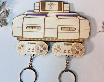 SNES Wooden Key Holder - Handcrafted Wood Plaque - Fantasy Theme - Videogame Keychains - Gamer Gift - Console - Controllers - NES
