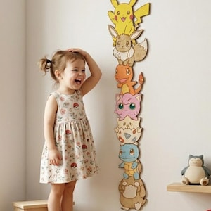 May include: A wooden wall decoration featuring a stack of colorful Pokémon characters, including Pikachu, Eevee, and Charmander. The characters are arranged vertically, creating a playful and decorative element for a child's room.