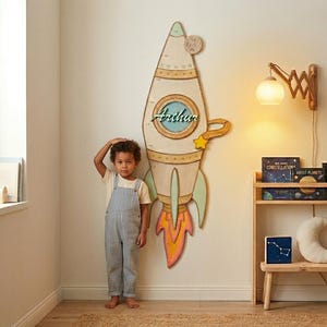 Rocket Wooden Height Chart - Handpainted Height Growth Ruler - Nursery Wall Sign - Handmade & Customizable - Child's Room - Astronomy