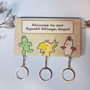 Final Fantasy Wooden Key Holder - Fantasy Theme - Videogame Keychains - Geek Gift - Chocobo - Welcome to Gysahl Village - Kupo - Cactus