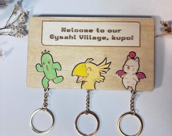 Final Fantasy Wooden Key Holder - Fantasy Theme - Videogame Keychains - Geek Gift - Chocobo - Welcome to Gysahl Village - Kupo - Cactus