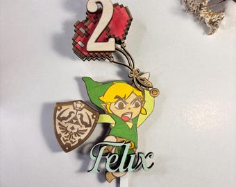 Houten taarttopper met link - Verjaardagsvoorraad - Aangepaste naam en leeftijd - Personaliseer elke bakvorm - Decoratie jubileumfeest - The Legend of Zelda