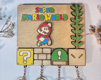 Super Mario Wooden Key Holder - Handcrafted Wood Plaque - Fantasy Theme - Videogame Keychains - Geek Gift - Super Mario World - SNES