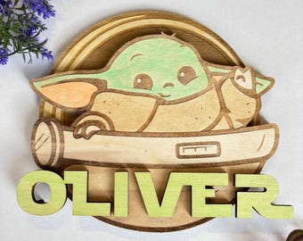 Grogu Baby Room Wooden Wall Plaque - Nursery Door Sign - Self-Adhesive, Wood Sign - Handmade - Star Wars Theme - Grogu - The Mandalorian