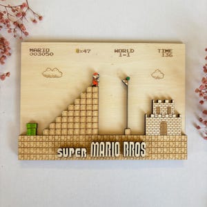 Placa de madeira para sala de jogos Mario Screen Gamer - Placa de madeira feita à mão - Tema Super Mario Bros - Tela de videogame - Presente geek - NES Nostalgia