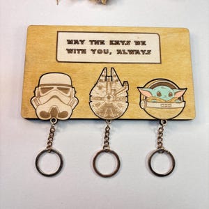 Pode incluir: Porta-chaves de madeira com desenhos de capacete Stormtrooper, Millennium Falcon e Grogu (Baby Yoda). Os chaveiros penduram-se sob a placa de madeira, que tem o texto "MAY THE KEYS BE WITH YOU, ALWAYS".