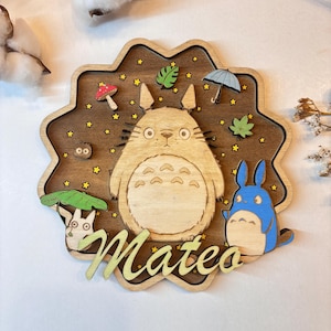 Puede incluir: Decoración de pared de madera con un diseño de personaje de dibujos animados. El diseño incluye una criatura grande de color canela, un personaje azul con forma de conejo y el nombre "Mateo" en verde. El fondo es marrón oscuro con estrellas amarillas y otros pequeños recortes de madera.