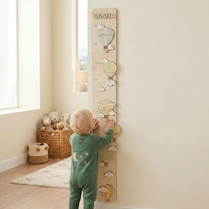 Baby Room Hot Air Balloon Wooden Height Chart - Height Growth Ruler - Nursery Wall Sign - Self-Adhesive, Wood Sign - Handmade & Customizable