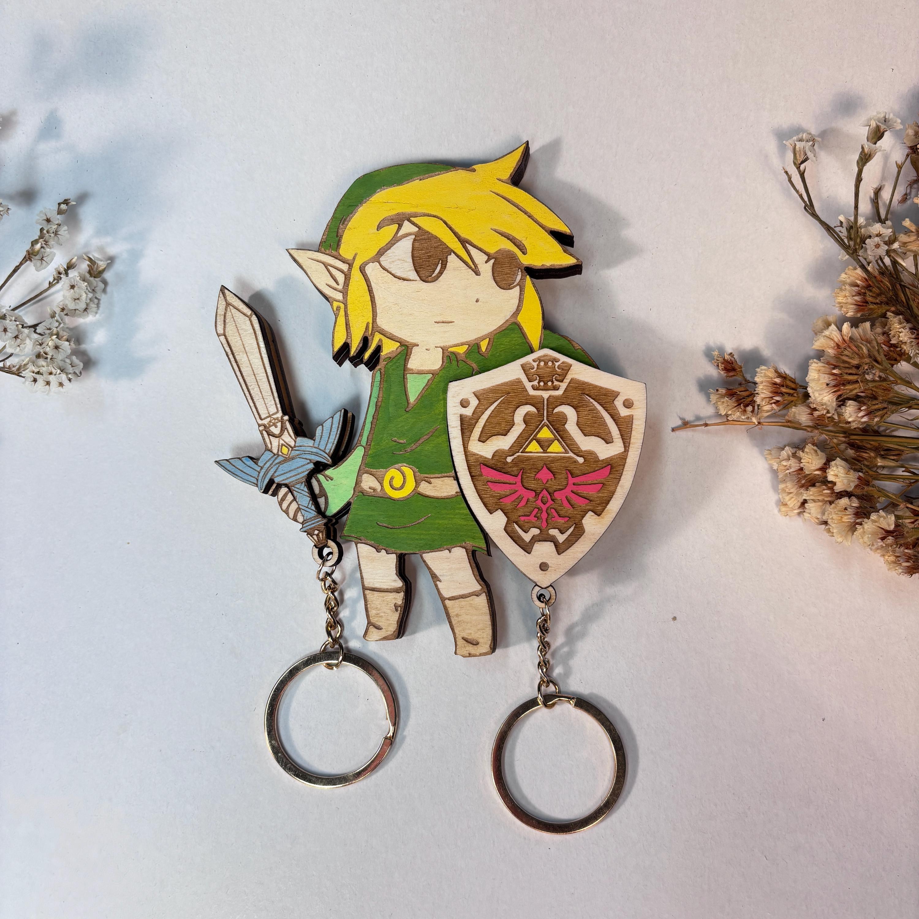 Link Wooden Key Holder - The Legend of Zelda - Handcrafted Wood Plaque - Fantasy Theme - Videogame Keychains - Geek Gift - Shield & Sword