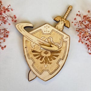 Enseigne en bois pour salle de jeu Zelda - Plaque en bois fabriquée à la main - Thème The Legend of Zelda - Écran de jeu vidéo - Cadeau Geek - Bouclier - Épée - SNES