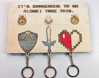 The Legend of Zelda Wooden Key Holder - It's Dangerous to go Alone, Take this - Gamer Theme - Videogame Keychains - Geek Gift - Link & Zelda