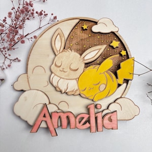 Targa da parete in legno per cameretta dei bambini Pokémon - Targa per porta per cameretta di Eevee e Pikachu - Autoadesiva, in legno - Fatta a mano e personalizzabile - Tema Pokémon