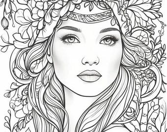 May include: A black and white line drawing of a woman with long flowing hair. She is wearing a crown of flowers and has a delicate, intricate design around her face.