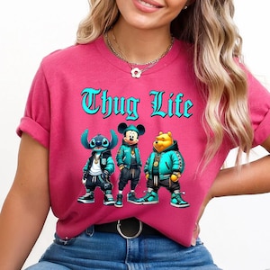 Thug Life Cartoon Shirt Stitch Mickey Pooh Graphic Tee Funny Hip Hop Character Shirt Streetwear Gangsta Style T-Shirt