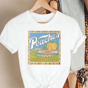 Peaches Records and Tapes Shirt Retro Music Graphic Tee Vintage Record Store T-Shirt 70s Inspired Music Lover Gift Peach Design Shirt