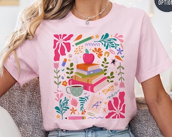 Colorful Teacher Life T-Shirt: Books, Flowers, Back to School Outfit