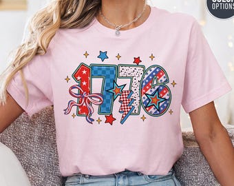 1776 Shirt Patriotic Graphic Tee Red White Blue Lightning Star Bow T-Shirt Fourth of July Outfit Bold USA Independence Day Summer Top