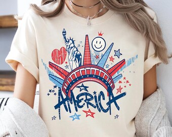 America Graffiti Shirt Statue of Liberty 4th of July Tee Retro Patriotic Graphic T-Shirt USA Independence Celebration Top