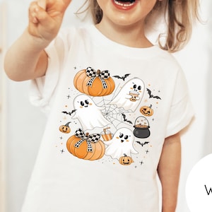 Cute Ghost Pumpkin Halloween Shirt for Kids Fun Spooky Fall Tee Trick or Treat Toddler Red Shirt with Bats and Bows October Outfit