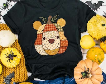 Faux Patchwork Pumpkin Pooh Bear Shirt: Rustic Fall Harvest Tee