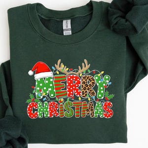 Merry Christmas Sweatshirt: Santa Hat Reindeer Lights Holiday Pullover