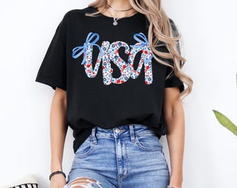 USA Floral Patriotic Shirt with Bows 4th of July Graphic Tee Cute Retro Summer T-Shirt for Women America Independence Day Outfit