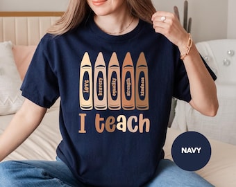 Crayon Values Teacher T-Shirt: Equality, Kindness, Bravery