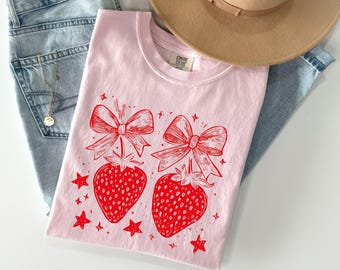 Comfort Colors® Strawberry Bow Shirt: Retro Cottagecore Graphic Tee