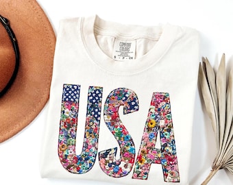 Comfort Colors® USA Floral Patriotic T-Shirt: Vintage American Flag Faux Patchwork
