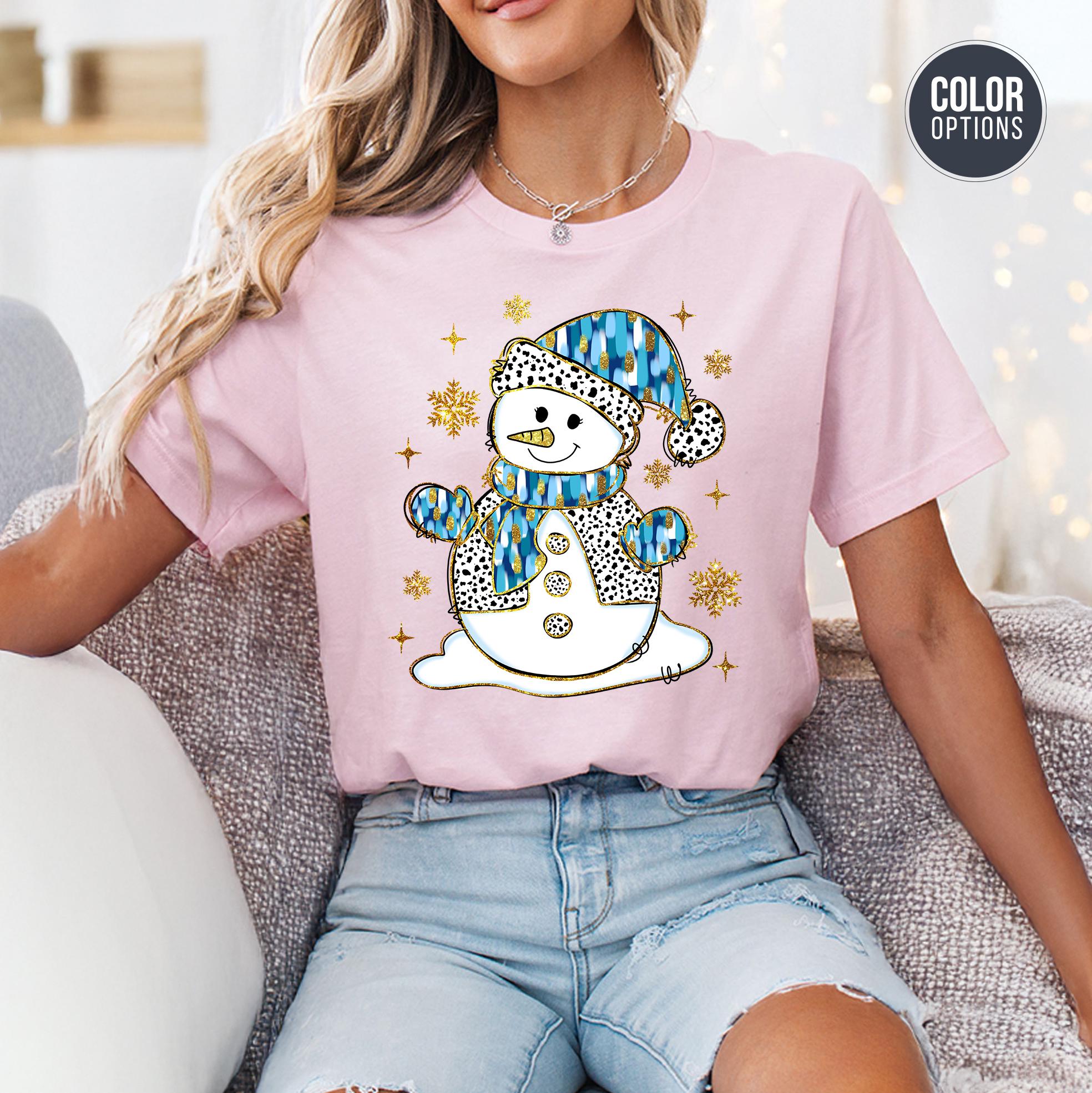 Cute Snowman Shirt Winter Christmas T-Shirt Polka Dot Blue Hat Graphic Tee Holiday Snowflake Top Cozy Festive Snow Season Outfit Gift