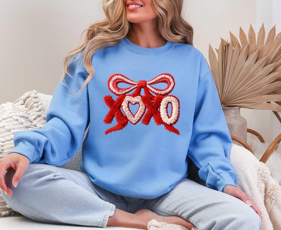 XO Bow Heart Sweatshirt, Knit Style XO Sweatshirt, Valentine XO
