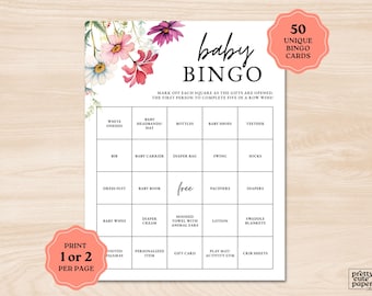 Baby in bloei babyshowerbingo, babyshowerbingo met wilde bloemen, babyshowerspel, 50 unieke bingokaarten, voorgevulde babybingo downloaden