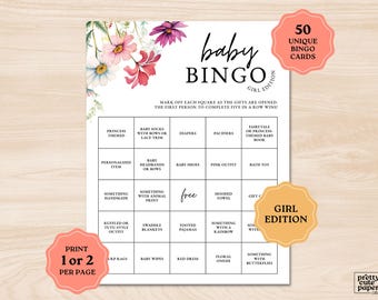 Meisje baby in bloei babyshowerbingo, babyshowerbingo met wilde bloemen, babyshowerspel, 50 unieke bingokaarten, vooraf ingevulde babybingo downloaden