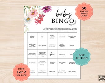 Jongen baby in bloei babyshowerbingo, babyshowerbingo wilde bloemen, babyshowerspel, 50 unieke bingokaarten, vooraf ingevulde babybingo downloaden