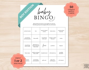 Boy Baby Shower Bingo Game, Minimalist Baby Shower Bingo, Baby Shower Game, 50 Unique Bingo Cards, Prefilled Bingo Download, Boy Baby Shower
