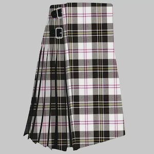 May include: A traditional kilt in a black, white, and grey tartan pattern. The kilt features a pleated design and a buckle closure. The tartan includes thin yellow and purple stripes. The kilt is a classic garment.