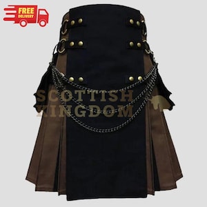 Kilt utilitario híbrido negro y marrón hecho a mano para hombre: Kilt táctico de moda con bolsillos cargo, falda gótica steampunk de estilo urbano.