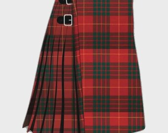 May include: A red and green plaid kilt with two leather straps and silver buckles. The kilt features a pleated design and is made of a woven fabric. The traditional Scottish garment is a classic piece of apparel.