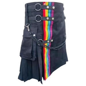 Black Gothic Hybrid Handmade Utility Kilt with Rainbow Straps | Men&#39;s Alternative Pride Fashion Kilt | Steampunk Kilt | Men&#39;s Fashion Kilt