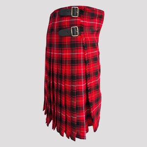May include: A red and black tartan kilt with black leather straps and buckles. The kilt has a pleated design and a traditional Scottish pattern. The kilt is a classic garment, suitable for formal or casual wear.