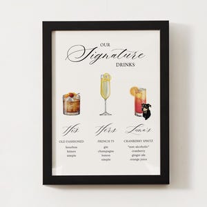 シグネチャーカクテルサイン、シグネチャードリンクサイン、バーメニュー、ウェディングドリンクサイン、彼と彼女のドリンク、新郎新婦と犬のドリンク、テンプレート